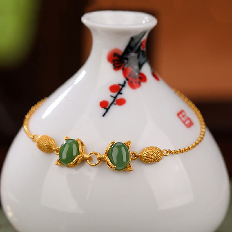 925 Sterling Silver Natural Hetian White Jade Cyan Jade Lovely Fox Luck Bracelet