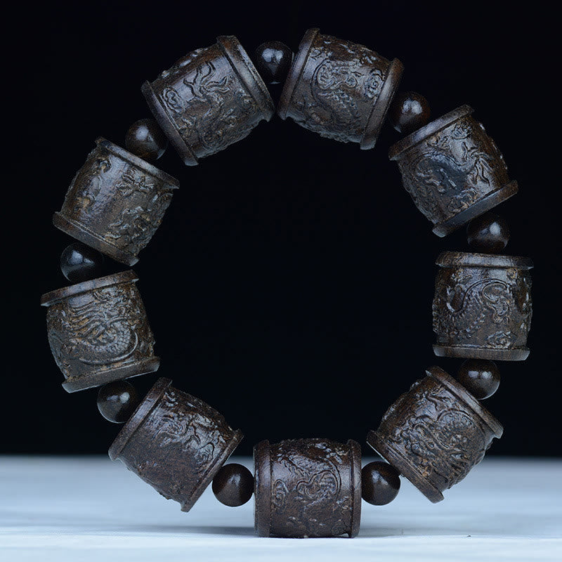 Ebony Wood Eighteen Arhats Lotus Dragon Engraved Balance Bracelet