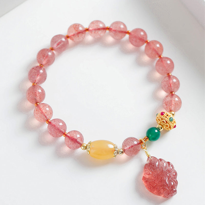 Natural Strawberry Quartz, Green Agate & Golden Silk Jade Nine-Tailed Fox Beaded Bracelet