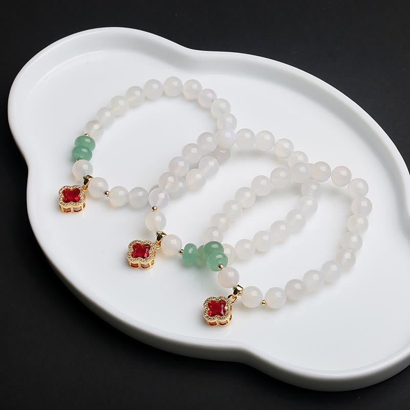 Natural White Agate Red Agate Money Bag Fu Character Four Leaf Clover Protection Bracelet