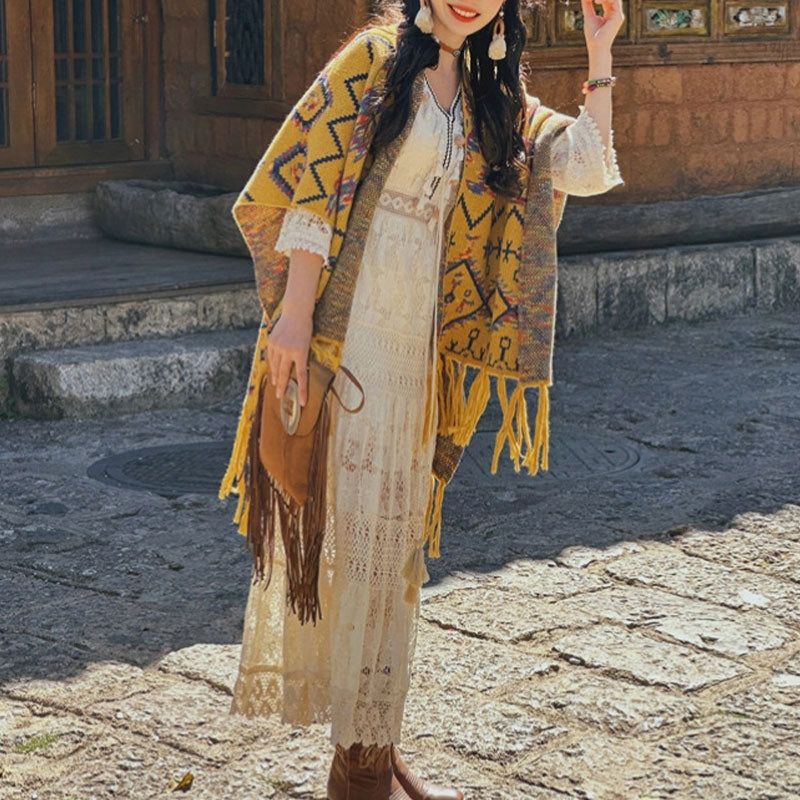 Tibetan Shawl Striped Geometry Pattern Winter Cozy Travel Knitted Scarf Wrap