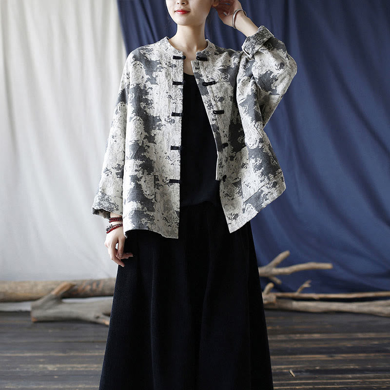 Black Gray Print Frog-button Design Long Sleeve Cotton Linen Jacket Shirt With Pockets