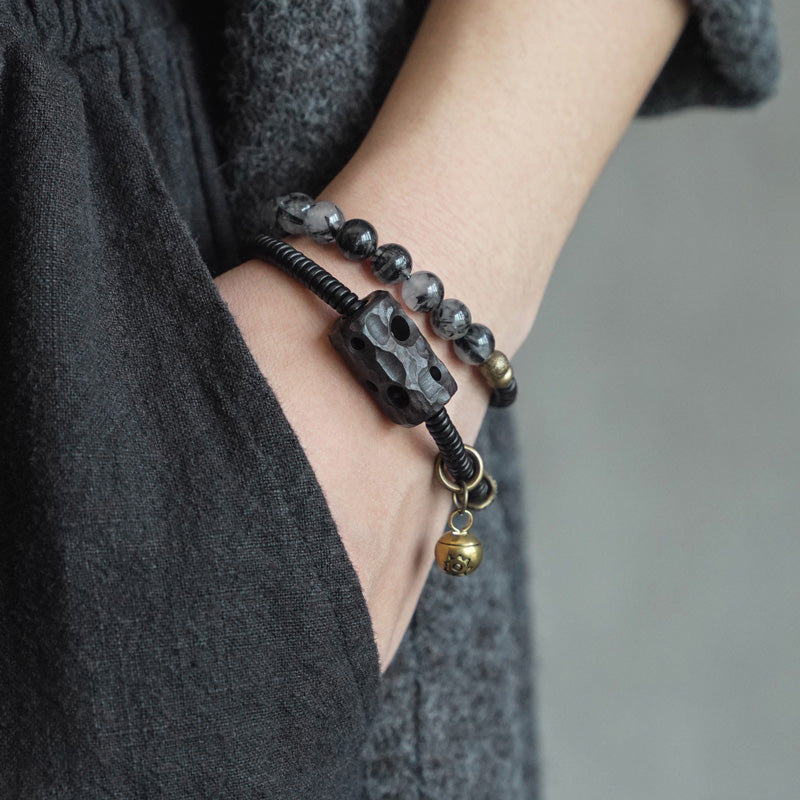 Black Rutilated Quartz Ebony Wood Copper Wisdom Couple Bracelet
