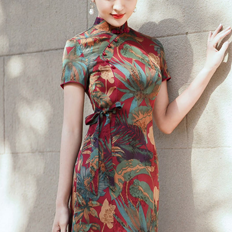Silk Qipao Dress Retro Flower Leaf Pattern Women's Cheongsam Dress