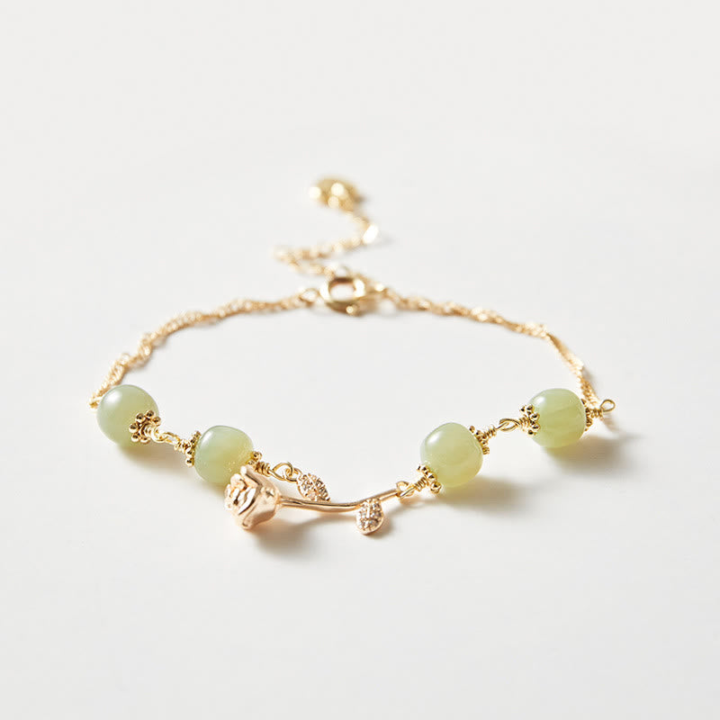 14K Gold Plated Hetian Jade Golden Rose Flower Luck Chain Bracelet