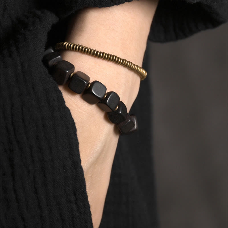 Tibetan Peace Double Wrap Bracelet: Ebony Wood, Copper & Brass