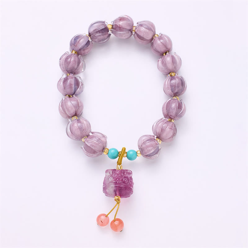 Guardian Lion & Lotus Charm Fluorite Liuli Glass Beaded Bracelet