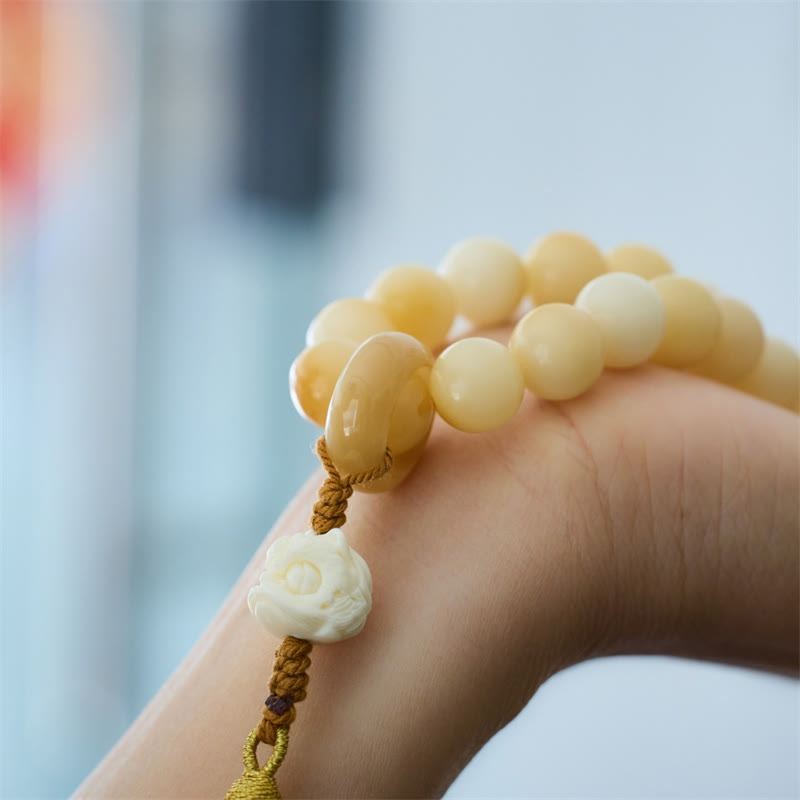 Natural Bodhi Seed Ivory Fruit Dancing Lion Charm Harmony Tassel Wrist Mala