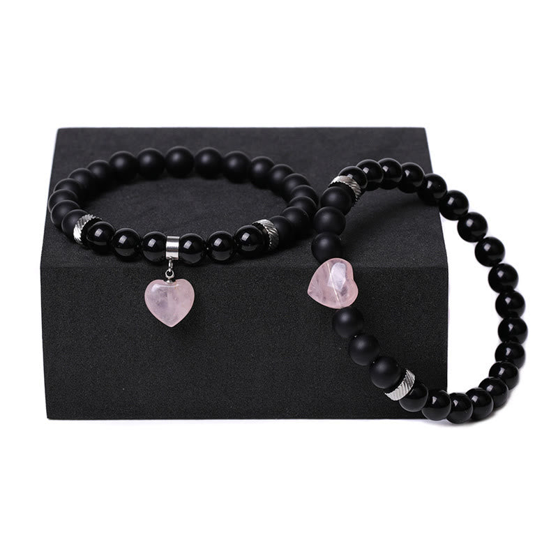 2Pcs Black Onyx Crystal Stone Love Heart Protection Support Couple Bracelet