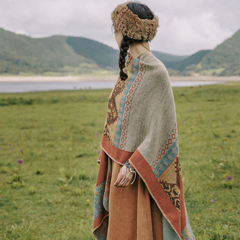 Tibetan Shawl Diamond Pattern Winter Warm Cloak Scarf
