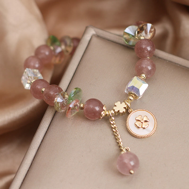 Strawberry Quartz Lucky Four Leaf Clover Healing Charm Bracelet