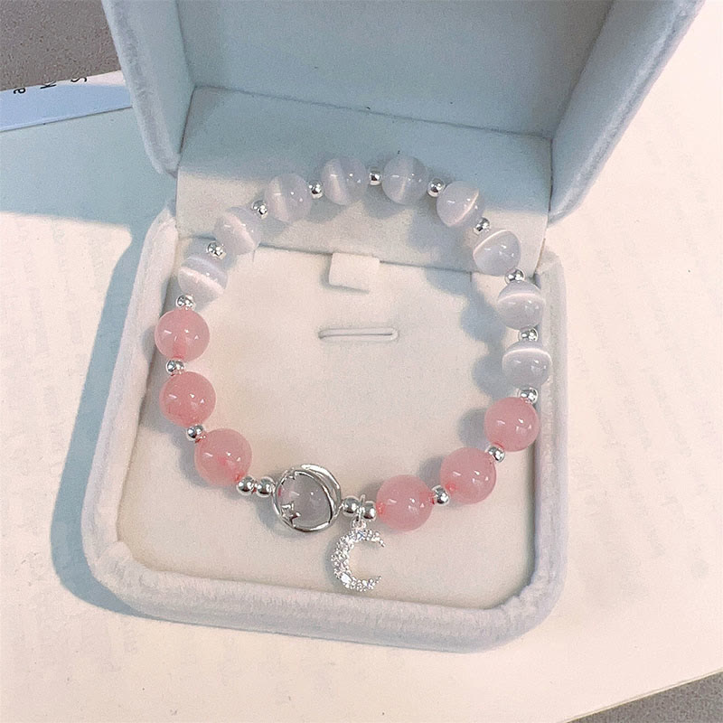 Natural Cat's Eye Pink Crystal Moon Love Charm Bracelet