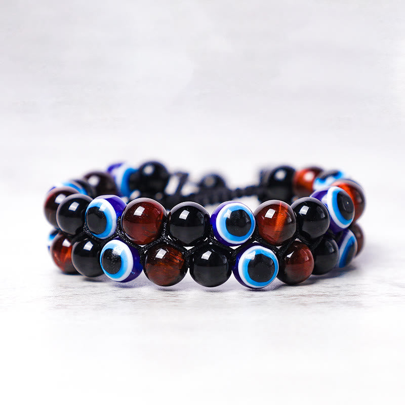 Handmade Evil Eye Hematite and Tiger Eye Adjustable Beaded Bracelet for Men and Women