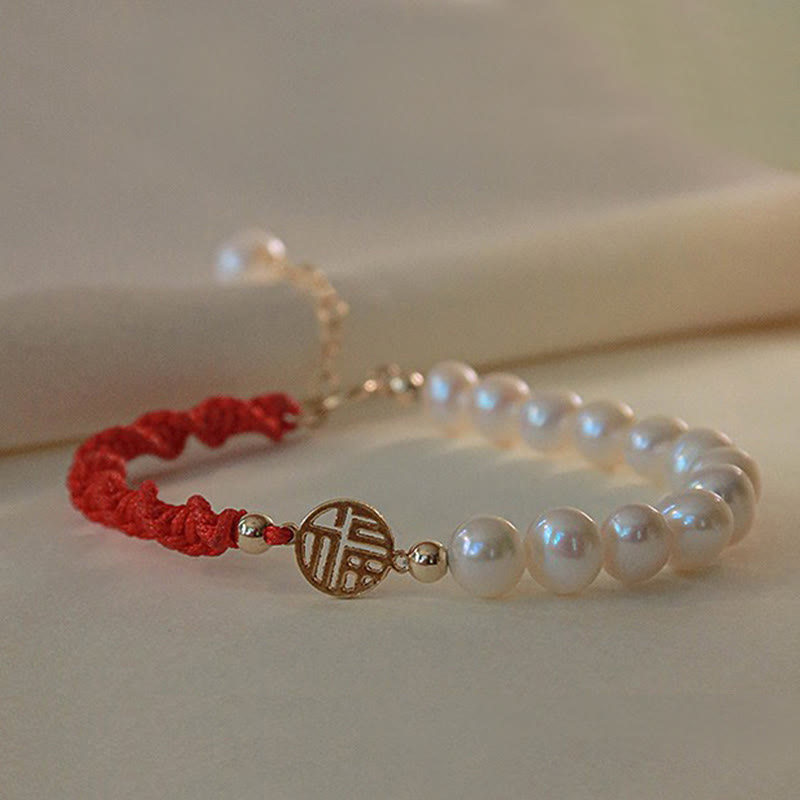 14K Gold Plated Pearl and Prosperity Symbol Braided Red String Bracelet