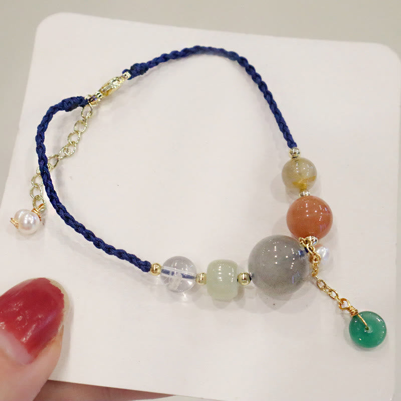 Multi-Gemstone Rope Bracelet with Moonstone, Sunstone, Hetian Jade & Ping An Kou Charm