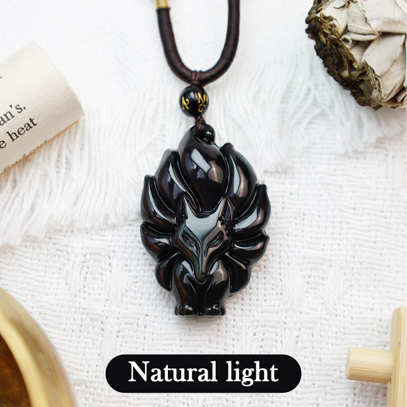 Natural Rainbow Obsidian Gold Sheen Obsidian Nine Tailed Fox Positive Necklace Pendant