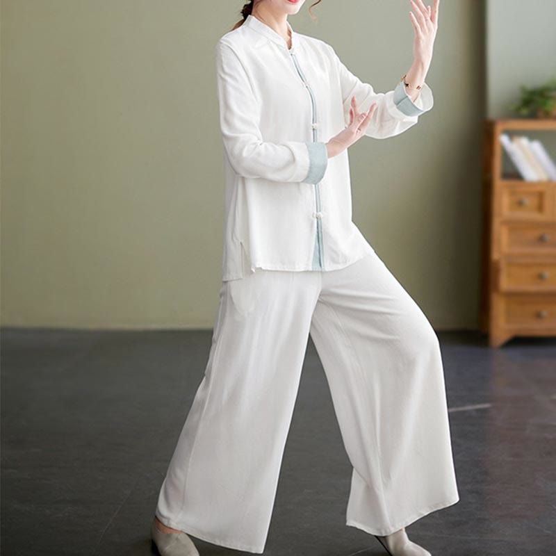 2Pcs Tang Suit Long Sleeve Shirt Top Pants Meditation Zen Tai Chi Cotton Linen Clothing Women's Set