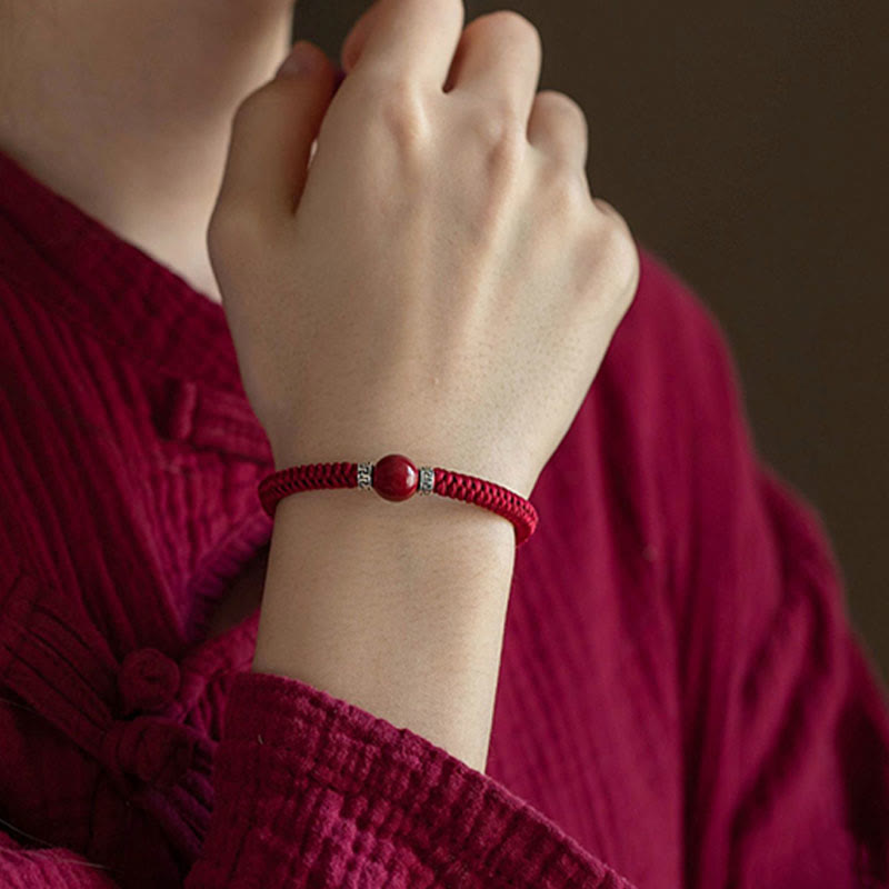 Handmade 925 Sterling Silver and Natural Cinnabar Braided Red String Bracelet