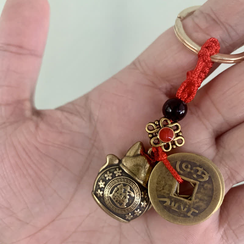 Feng Shui Five Emperor Coins Lucky Cat Money Wealth Keychain