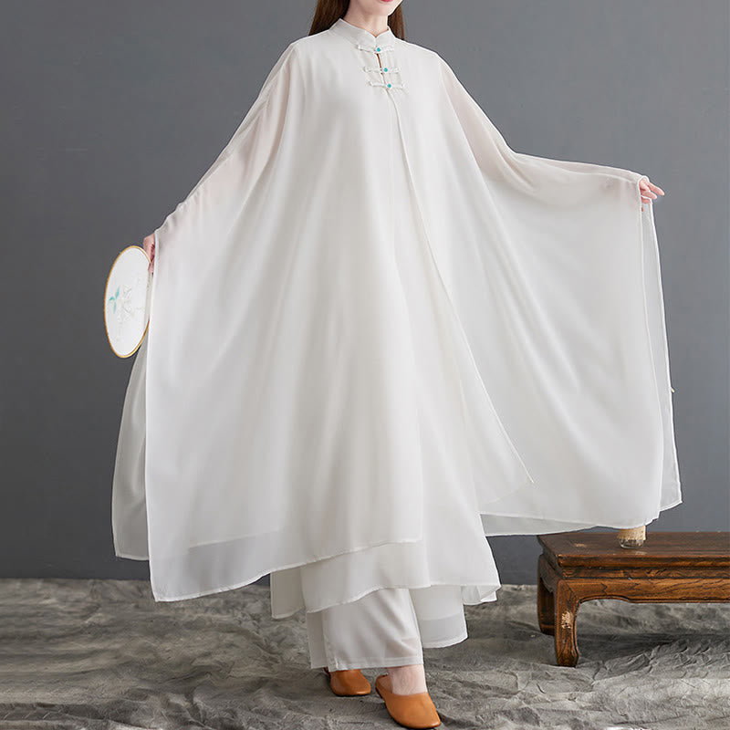 Chiffon Frog-Button Flowing Dress and Wide-Leg Meditation Set