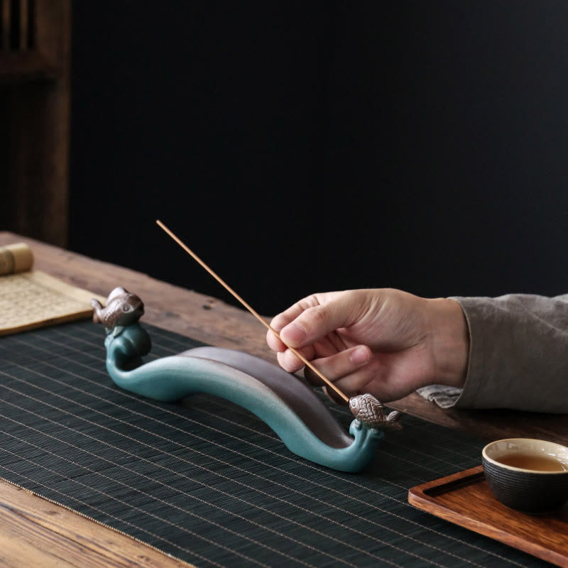 Handcrafted Mountain & Koi Fish Ceramic Stick Incense Burner for Meditation