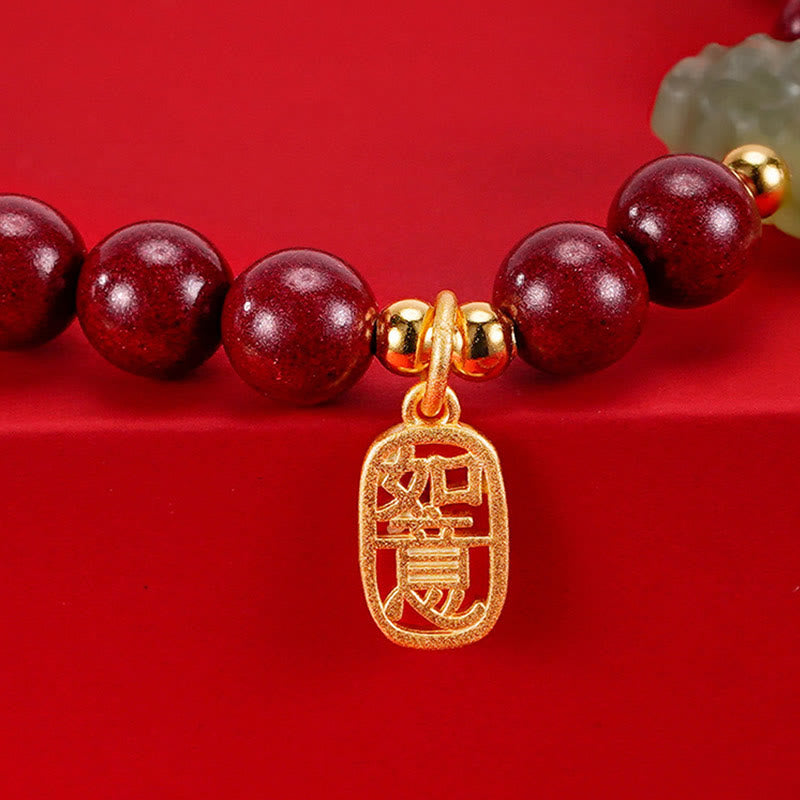925 Sterling Silver Year of the Dragon Natural Cinnabar Hetian Jade Dragon Fu Character Ruyi As One Wishes Charm Blessing Bracelet