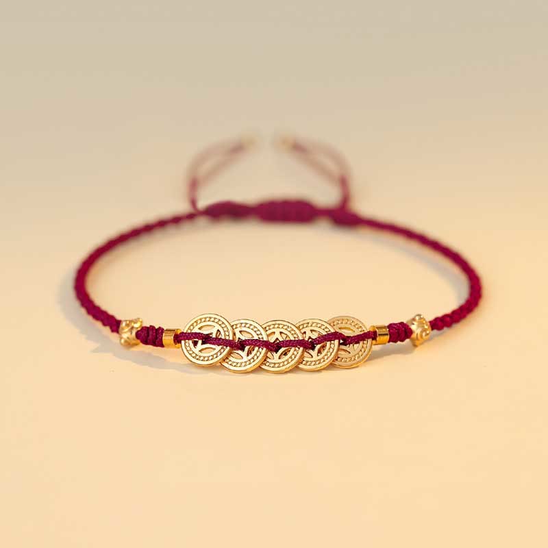 Hand-Braided Copper Tree of Life & Chinese Coin Red String Bracelet