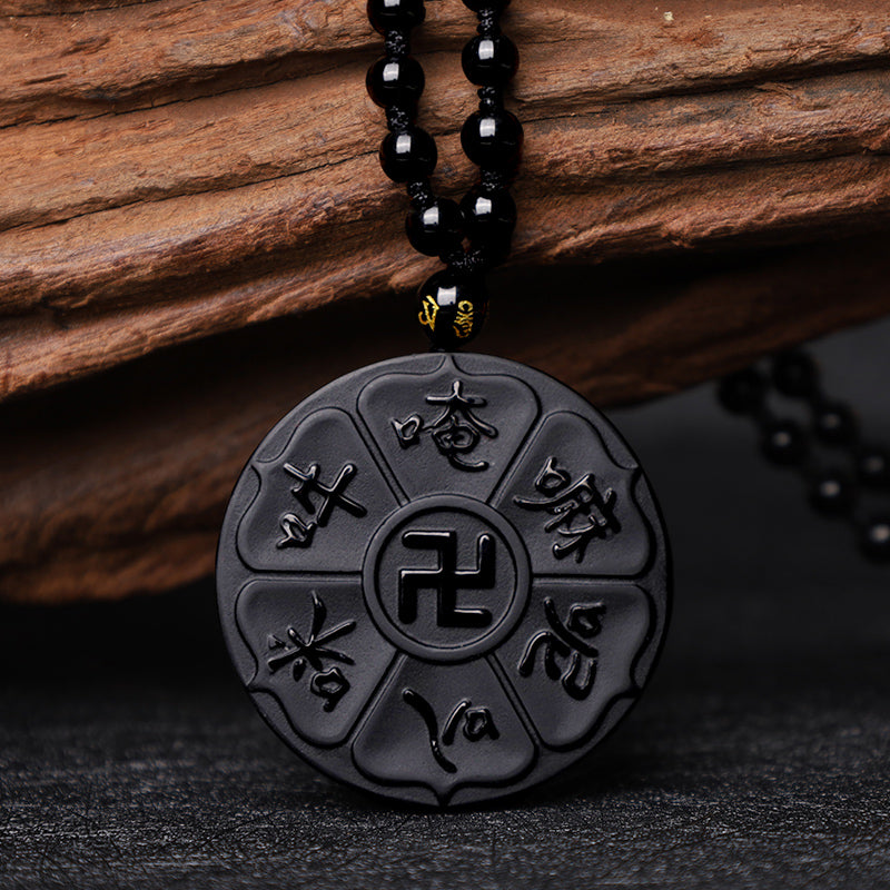 Natural Black Obsidian Tibetan Om Mani Padme Hum Buddha Swastika Luck Necklace Pendant