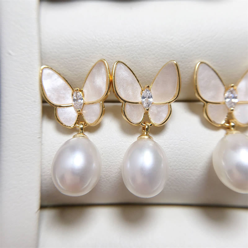 925 Sterling Silver Posts 18K Gold Plated Copper Pearl Butterfly Optimism Stud Earrings