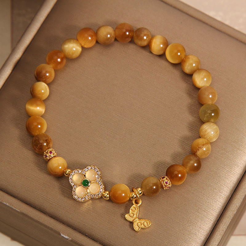 Tiger Eye Four Leaf Clover Butterfly Protection Bracelet