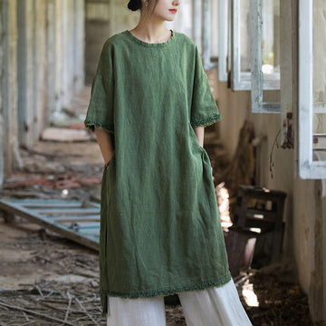 Mid Length Dress Ramie Linen Half Sleeve Split Hem Top T-Shirt