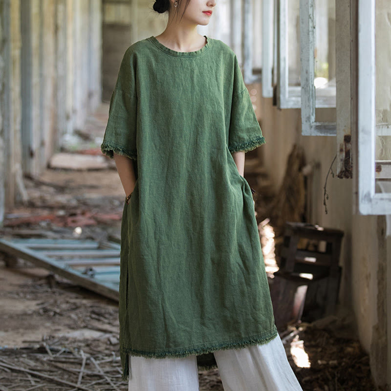 Mid Length Dress Ramie Linen Half Sleeve Split Hem Top T-Shirt