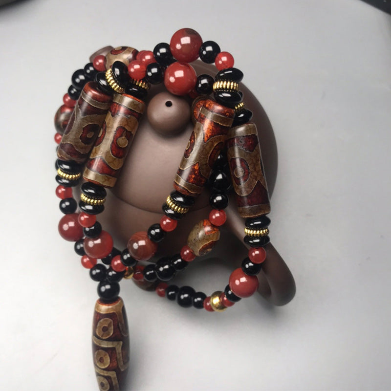 Handmade Nine-Eye Dzi Bead and Red Agate 9x12mm Unisex Necklace
