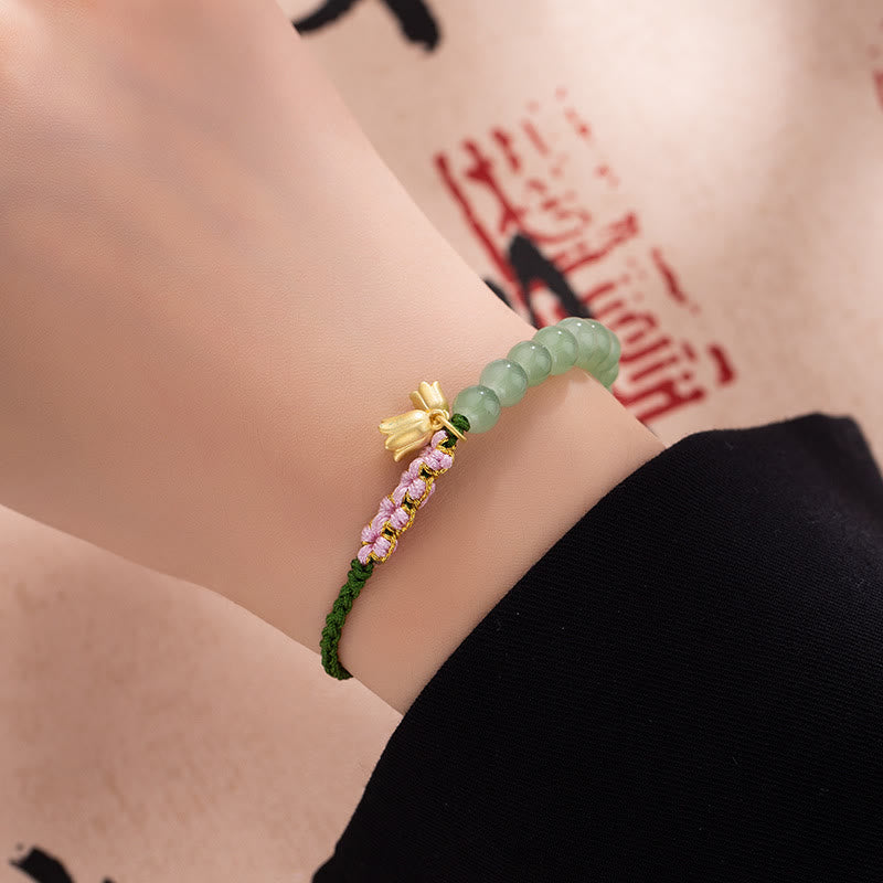 Handmade Jade Bead Lily of the Valley Charm Luck Braided Bracelet