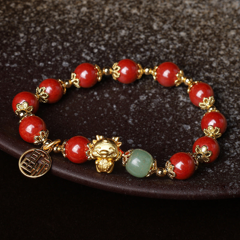 Year of the Dragon Natural Cinnabar Fu Character Charm Blessing Bracelet