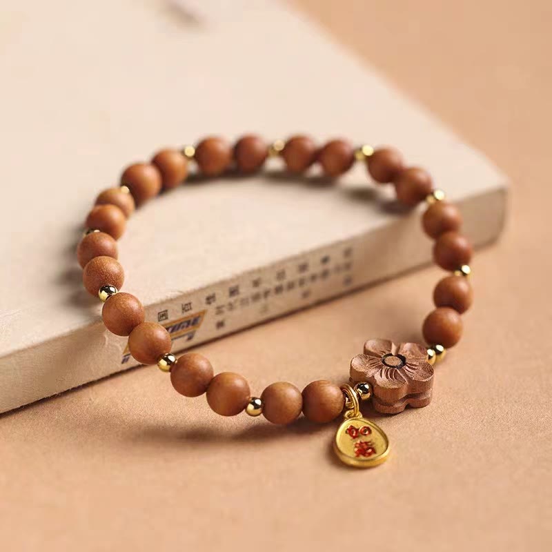 Natural Sandalwood Peach Blossom Ruyi Charm Handmade Wood Bracelet