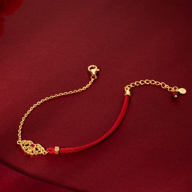 Handmade Red String Bracelet with Gold Longevity Lock and Red Agate