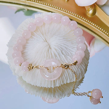 Natural Rose Quartz Beaded Bracelet with Ping An Kou Peace Buckle Charm