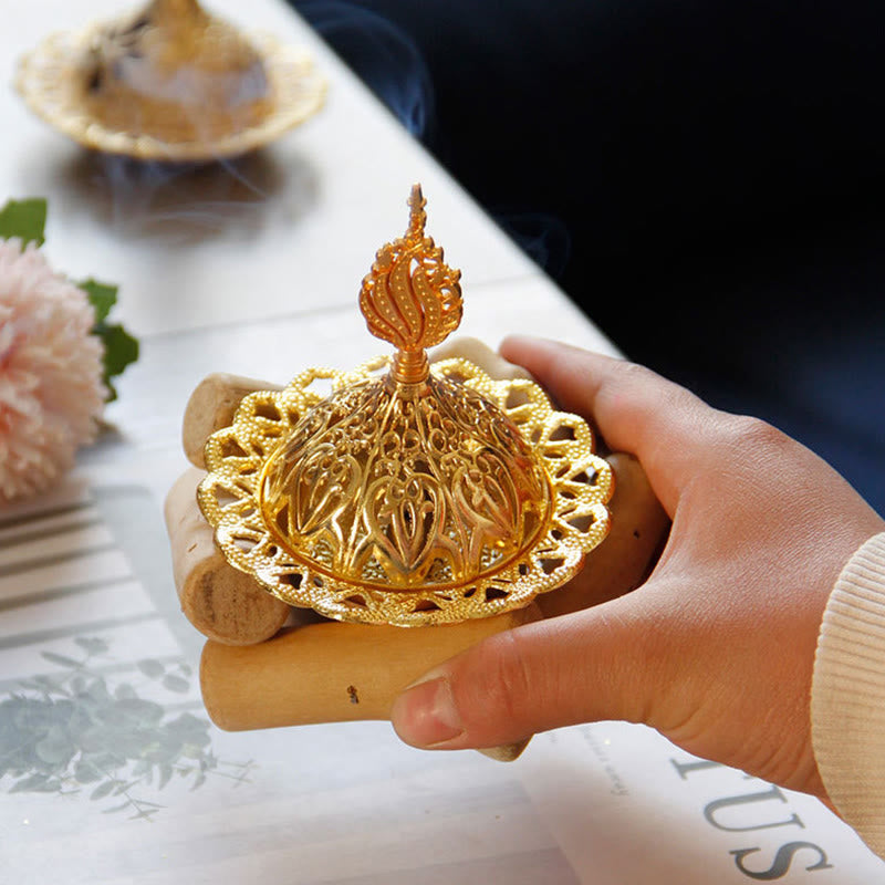 Mini Gold Alloy Buddha Incense Burner with Protective Wooden Coaster