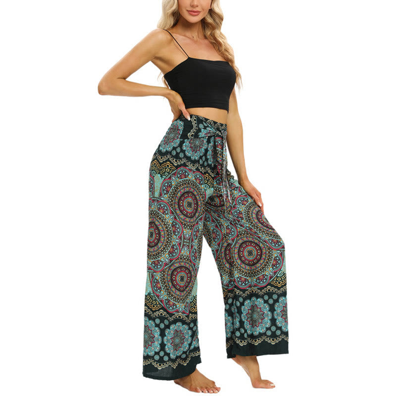 Boho Mandala Print Lace-up Wide Leg Pants Women's Yoga Pants