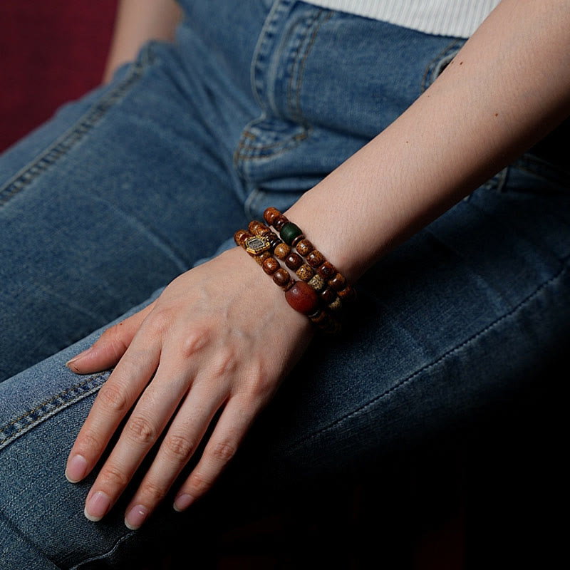 Tibetan Bodhi Seed Amber Dzi Bead Agate Zakiram Goddess of Wealth Beads Triple Wrap Bracelet
