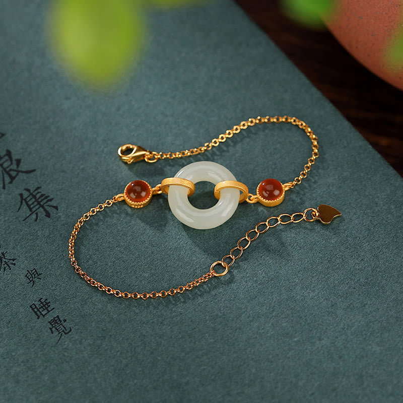925 Sterling Silver Plated Gold Natural Hetian Jade Peace Buckle Red Agate Luck Bracelet
