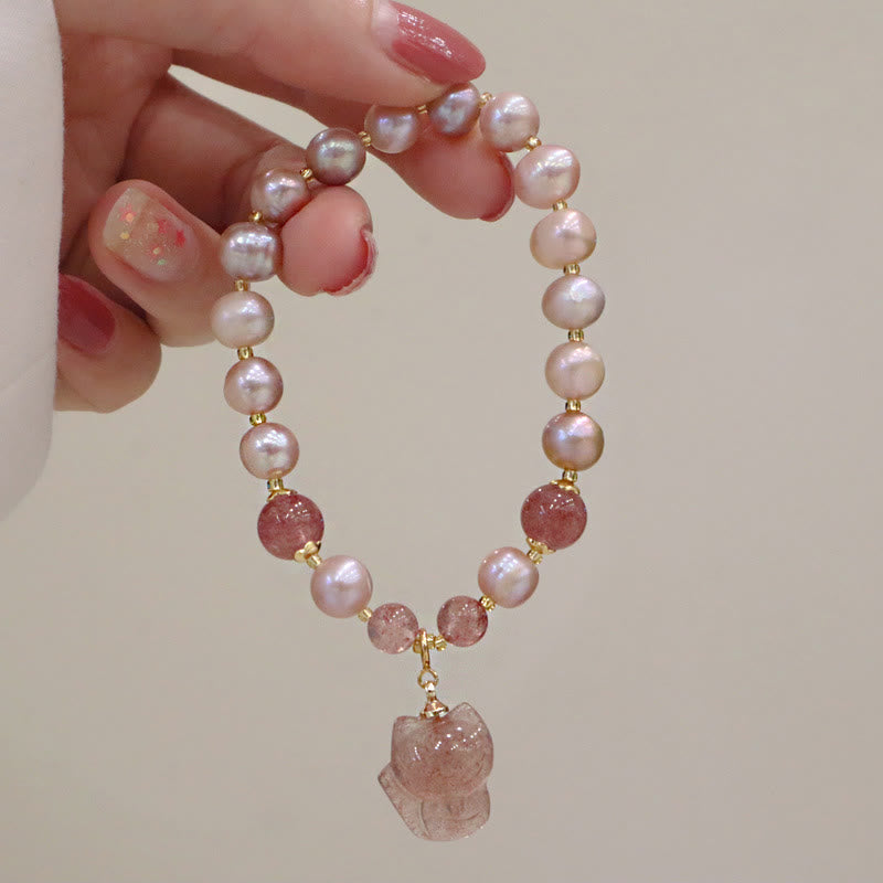 Natural Pearl Strawberry Quartz Cute Fox Love Healing Charm Bracelet