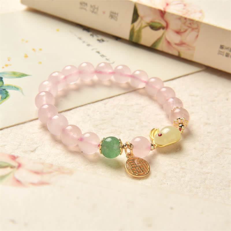 Natural Green Agate and Rose Quartz Rabbit Charm Beaded Bracelet