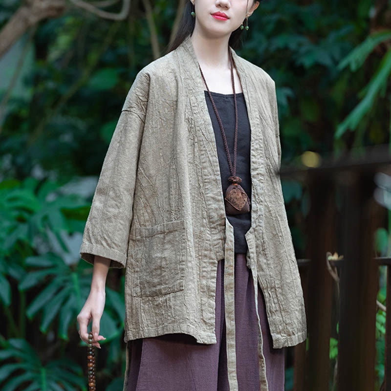 Hanfu Design Three Quarter Sleeve Ramie Linen Coat Open Front Top Jacket