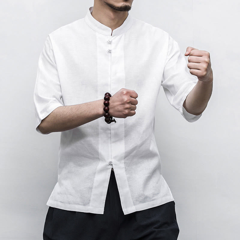 Chinese Frog-Button Tang Suit Zen Half Sleeve Shirt Linen Men Clothing
