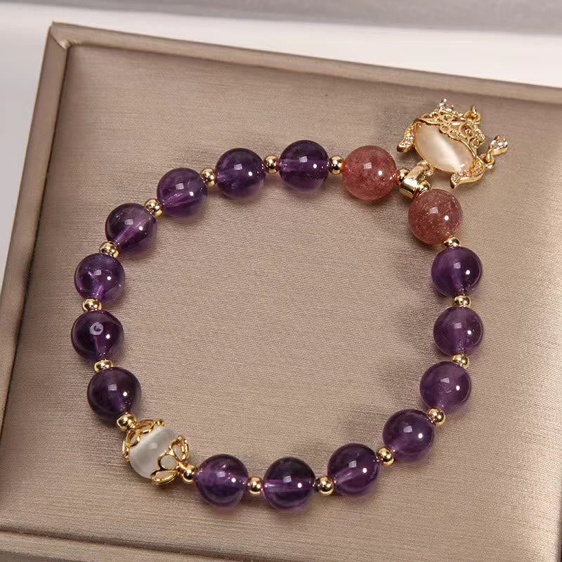 Handmade Amethyst Strawberry Quartz Cat's Eye Longevity Lock Charm Beaded Bracelet