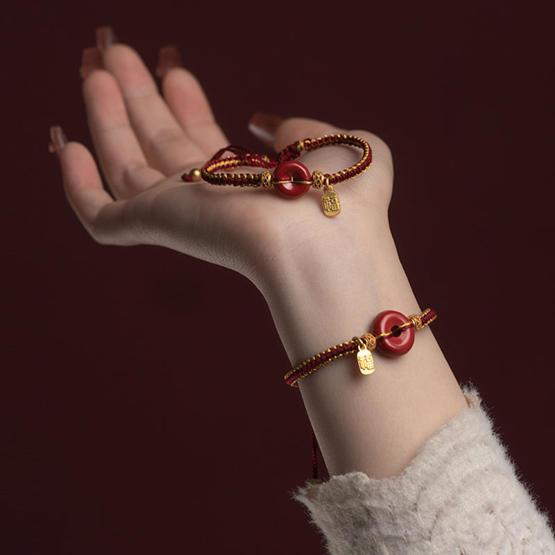 Natural Cinnabar Peace Buckle Fu Character Charm Blessing Braided Bracelet