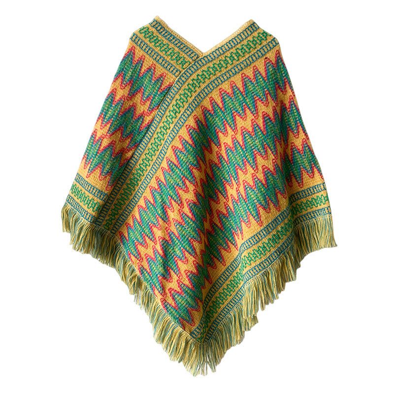 Tibetan Shawl Striped Knitted Tassels Pullover Winter Cozy Travel Scarf Wrap