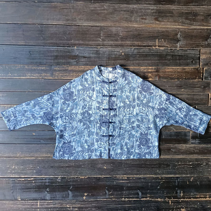 Ramie Linen Floral Stand Collar Meditation Jacket Shirt